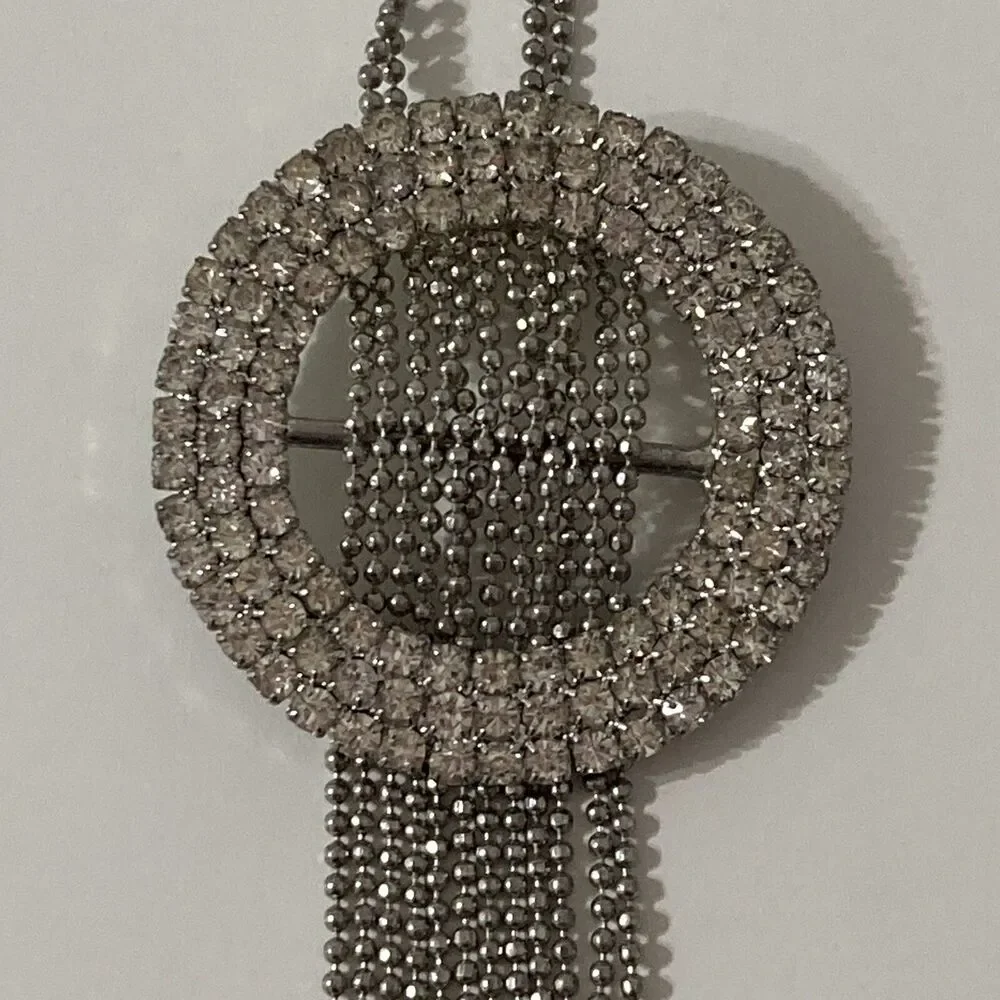 Silver Tone Long Round Circular Rhinestone Tassel Pendant Chain Necklace